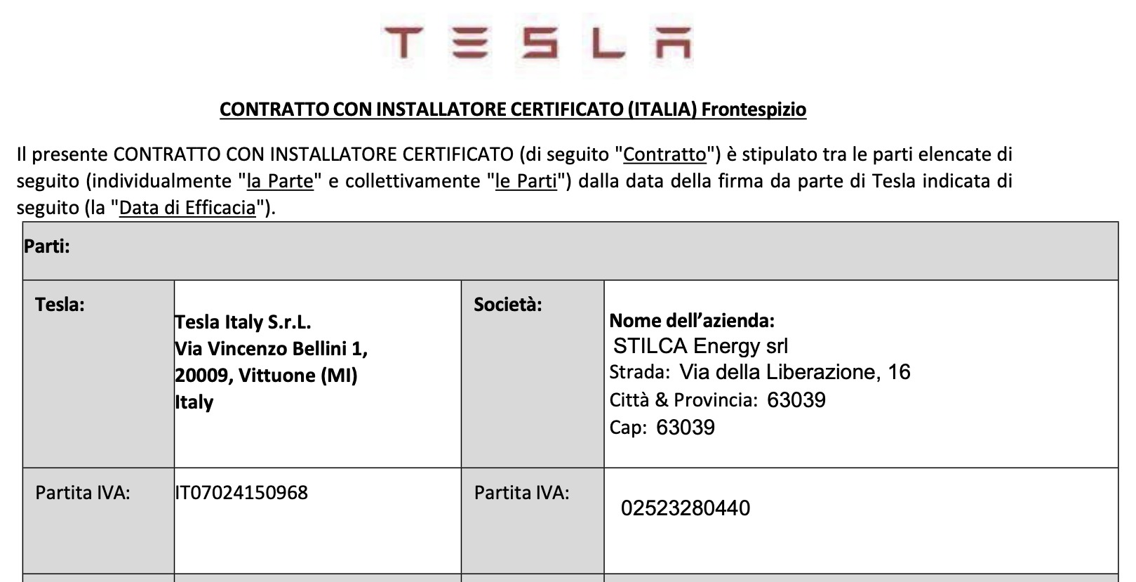 Frontespizio del contratto Tesla con installatore certificato: a sinistra Tesla Italy S.r.l., a destra STILCA Energy srl