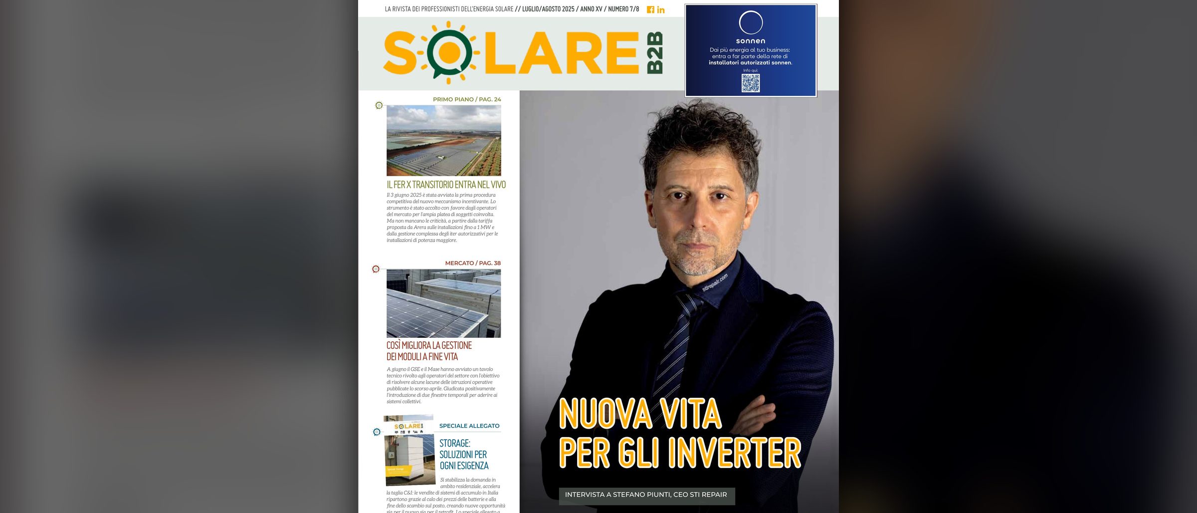 Copertina di Solare B2B, luglio-agosto 2025: «Nuova vita per gli inverter», intervista a Stefano Piunti, CEO di STI Repair