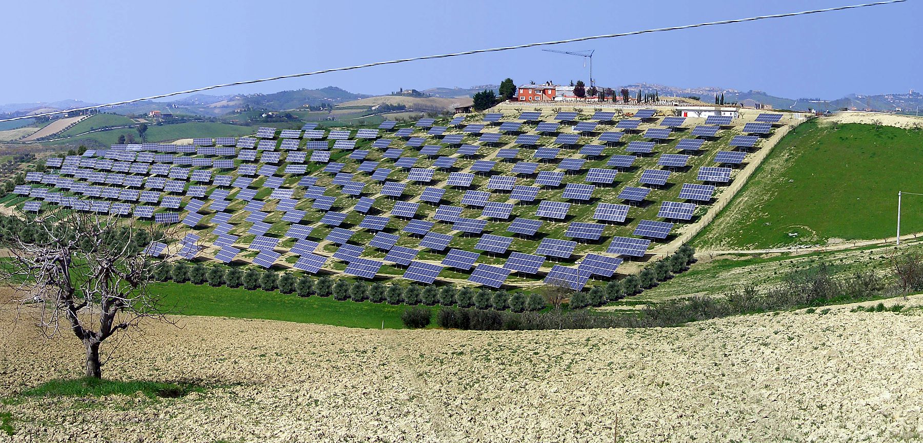 Impianto fotovoltaico a terra su una collina, con file di moduli e uliveto
