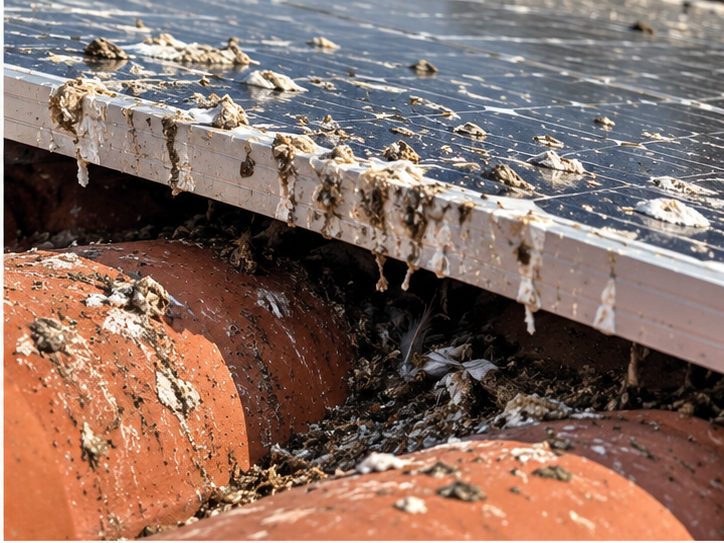 Guano e detriti di nidi di piccioni sotto il bordo di un modulo fotovoltaico su tetto in coppi