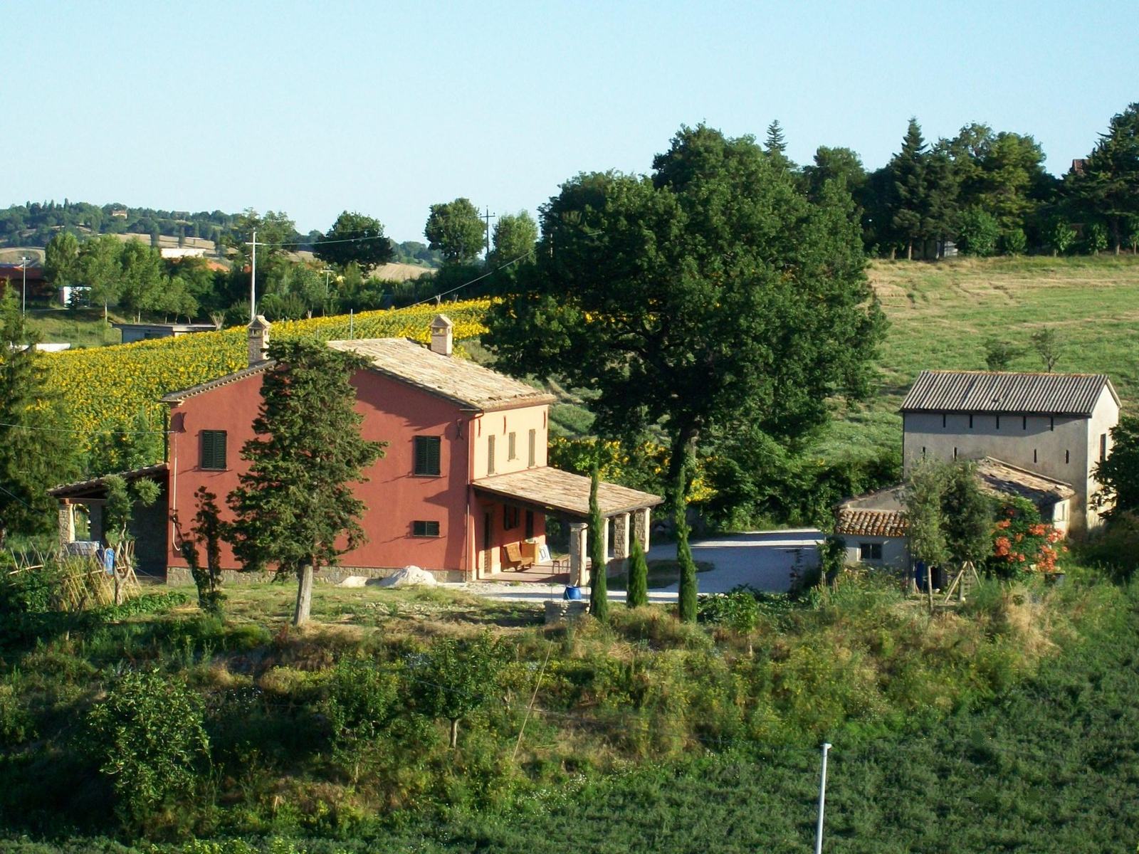 Casa di campagna con impianto fotovoltaico sul tetto, tra gli ulivi