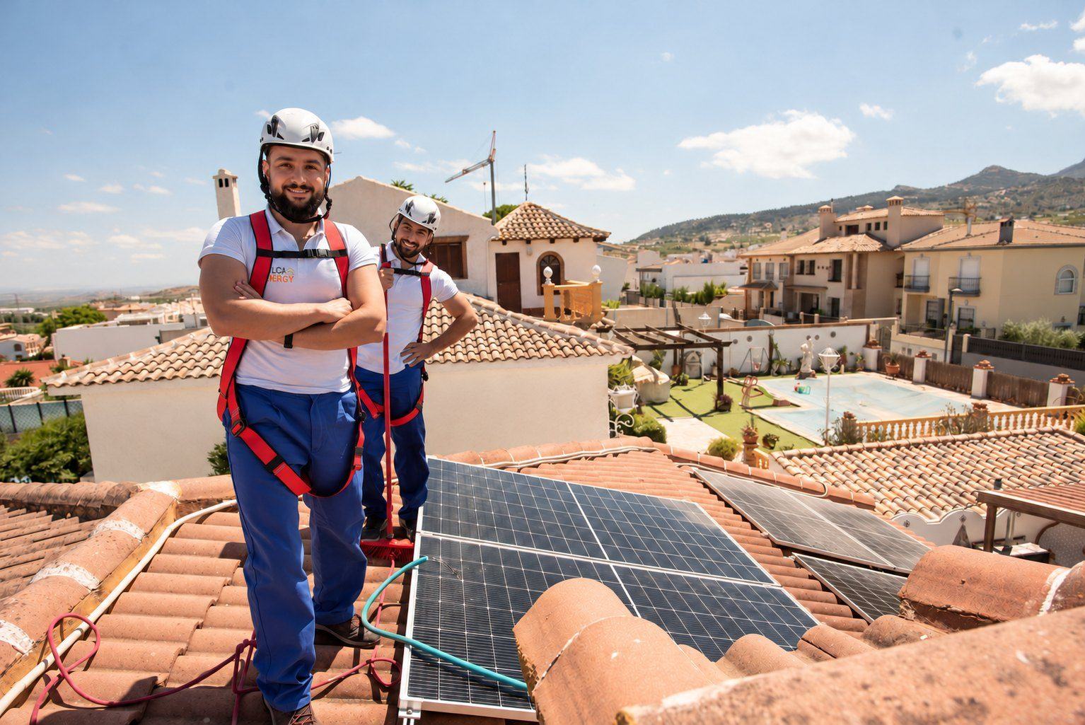 Installatori STILCA Energy sul tetto in coppi di una casa con moduli fotovoltaici