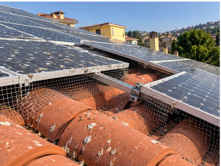 Rete anti-piccioni artigianale sotto i moduli fotovoltaici di un tetto in coppi, con guano ancora presente