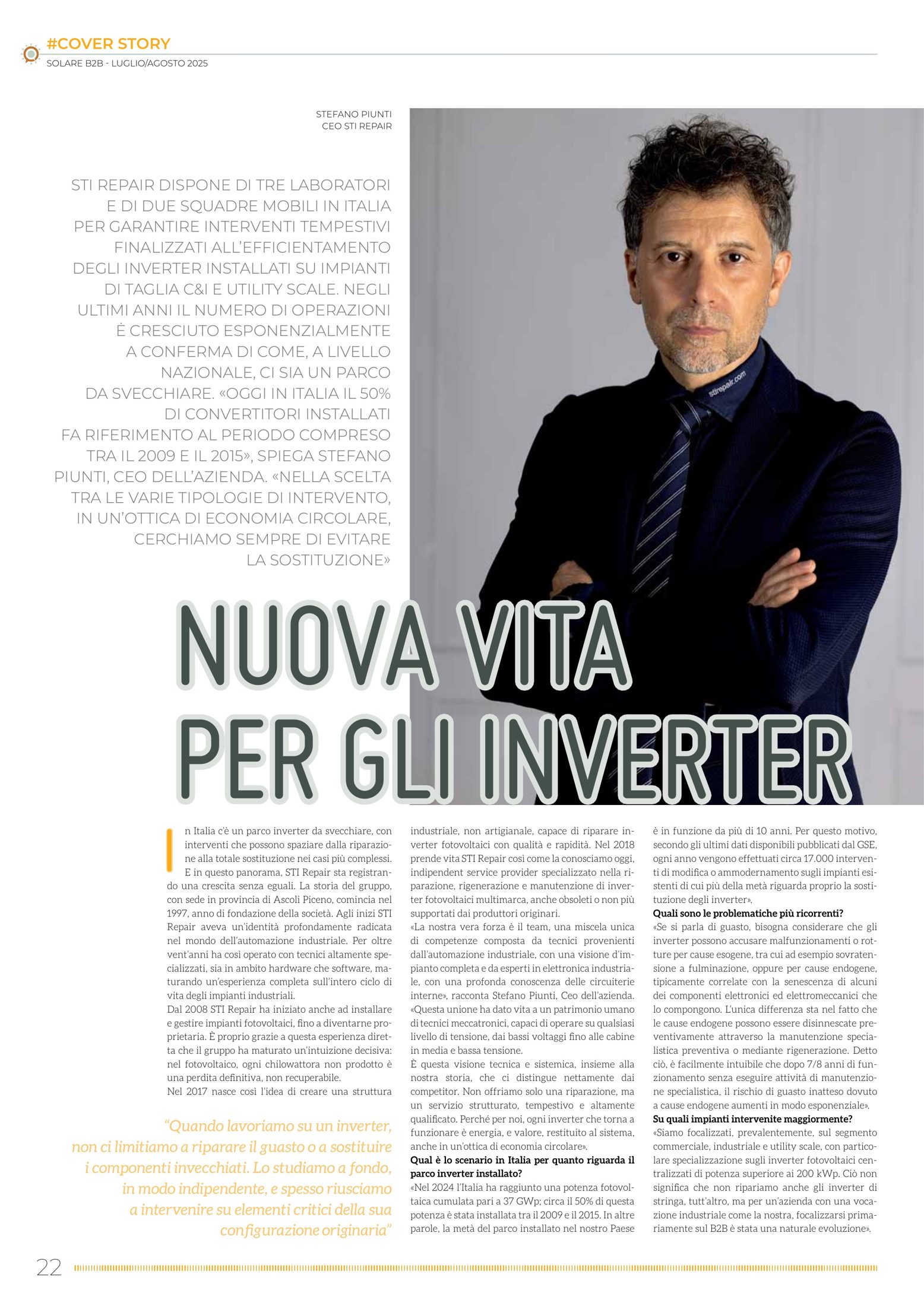 Solare B2B luglio-agosto 2025, pagina 22: intervista «Nuova vita per gli inverter» a STI Repair
