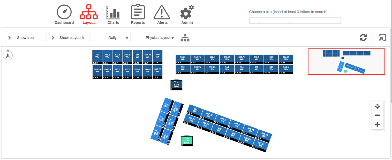 Piattaforma di monitoraggio SolarEdge: layout fisico con la posizione di ogni modulo sul tetto