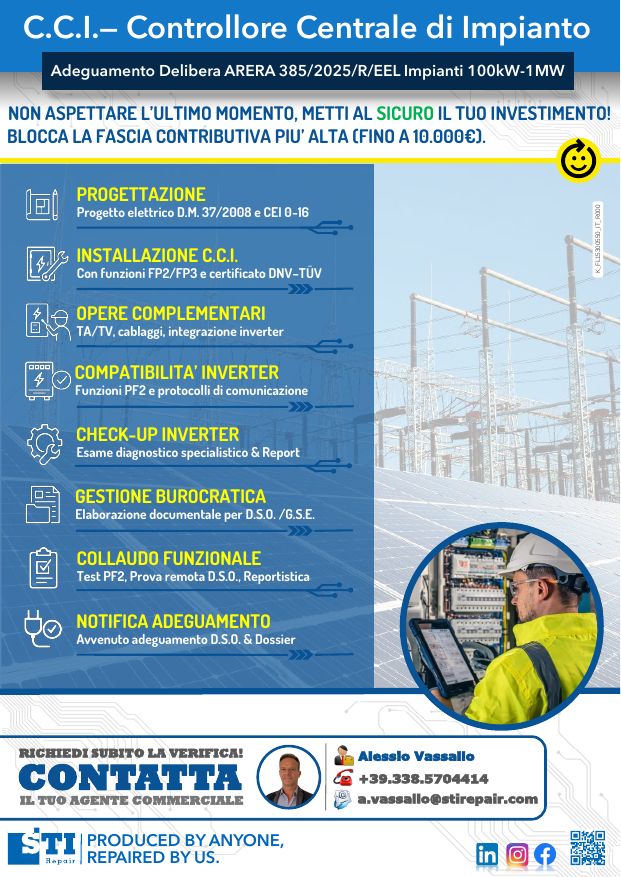 Flyer STI Repair: CCI adeguamento delibera ARERA 385/2025 per impianti da 100 kW a 1 MW, fasi del servizio