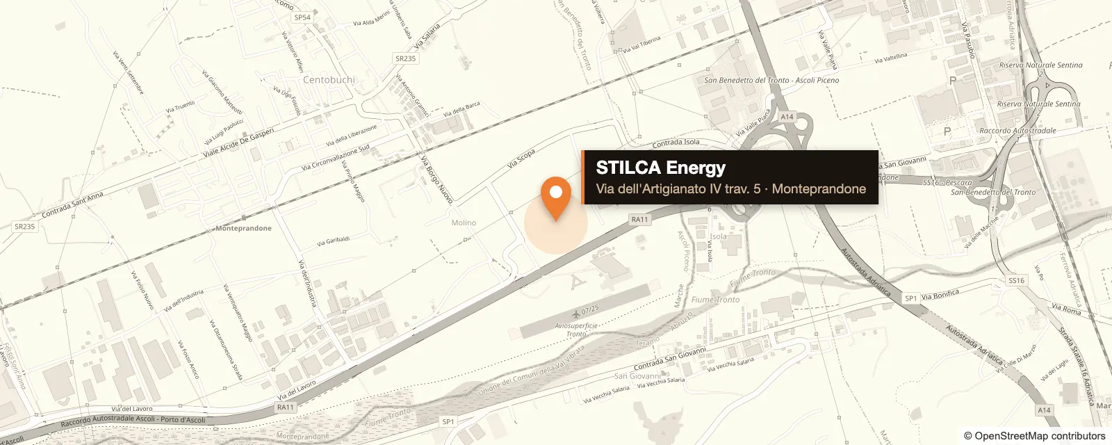 Mappa della sede operativa STILCA Energy in Via dell'Artigianato IV traversa 5 a Monteprandone (AP), vicino all'uscita A14 San Benedetto del Tronto