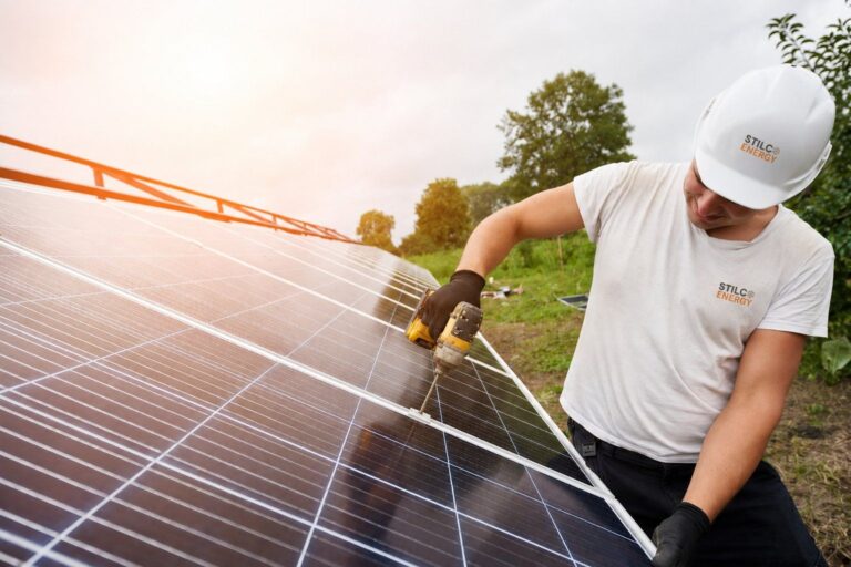 Tecnico STILCA Energy installa pannelli fotovoltaici sul tetto di un'abitazione