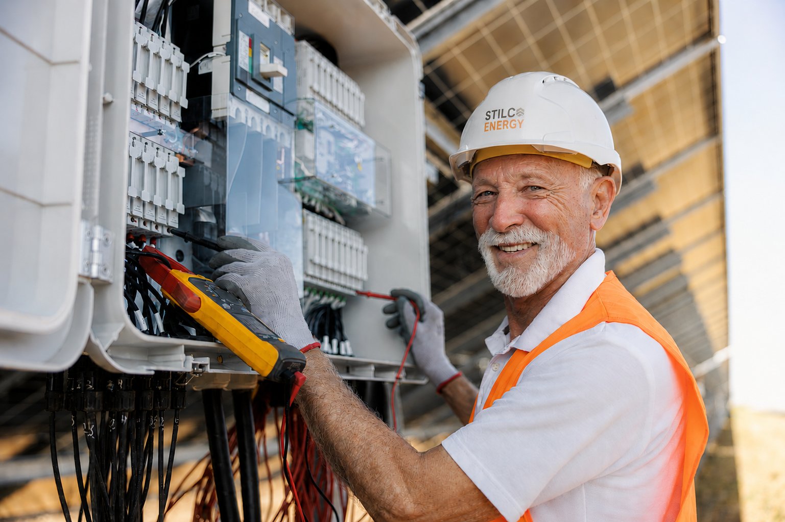 Tecnico STILCA Energy con casco controlla il quadro elettrico di un impianto fotovoltaico