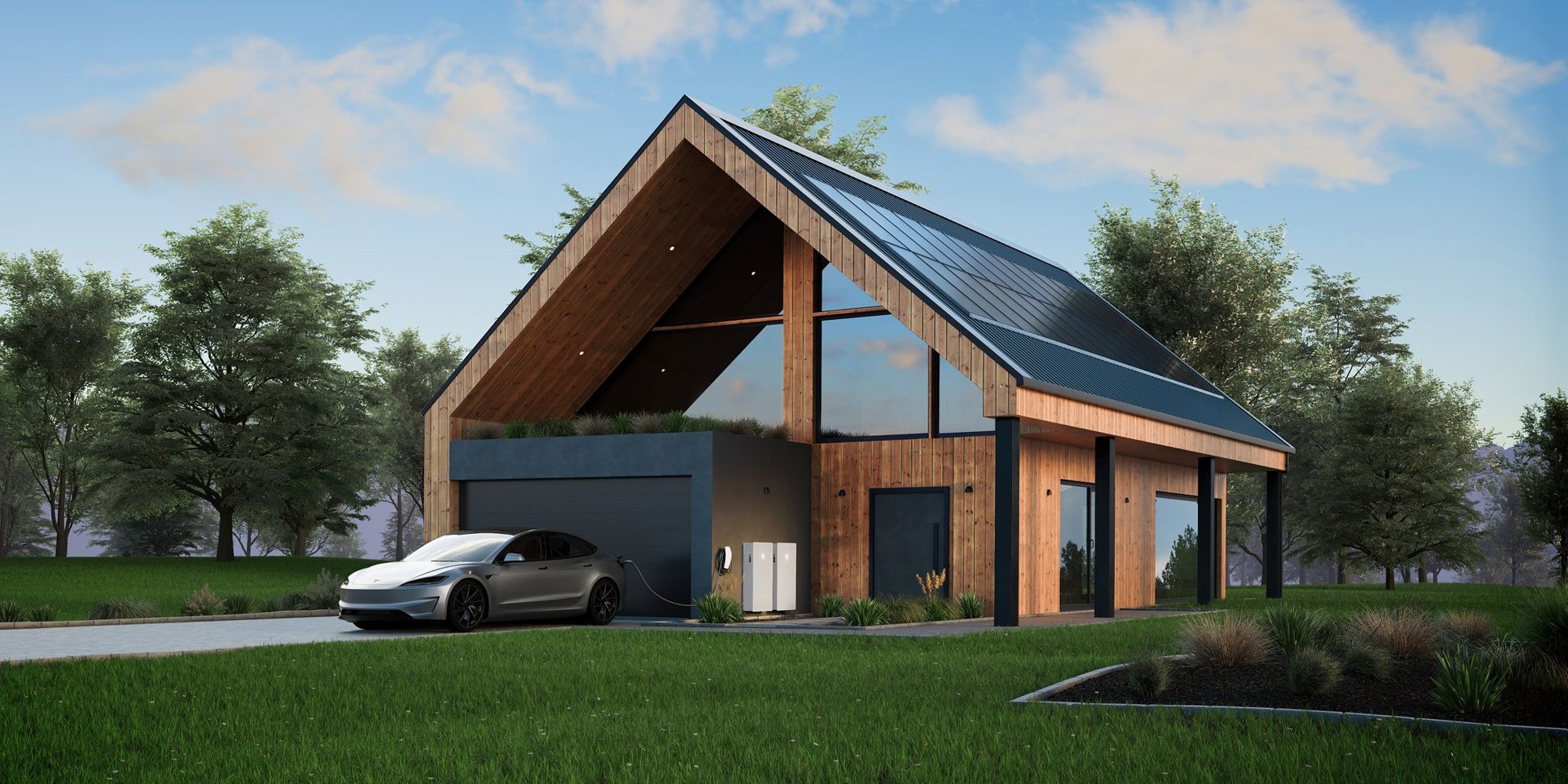 Casa moderna con pannelli fotovoltaici sul tetto e auto elettrica davanti al garage